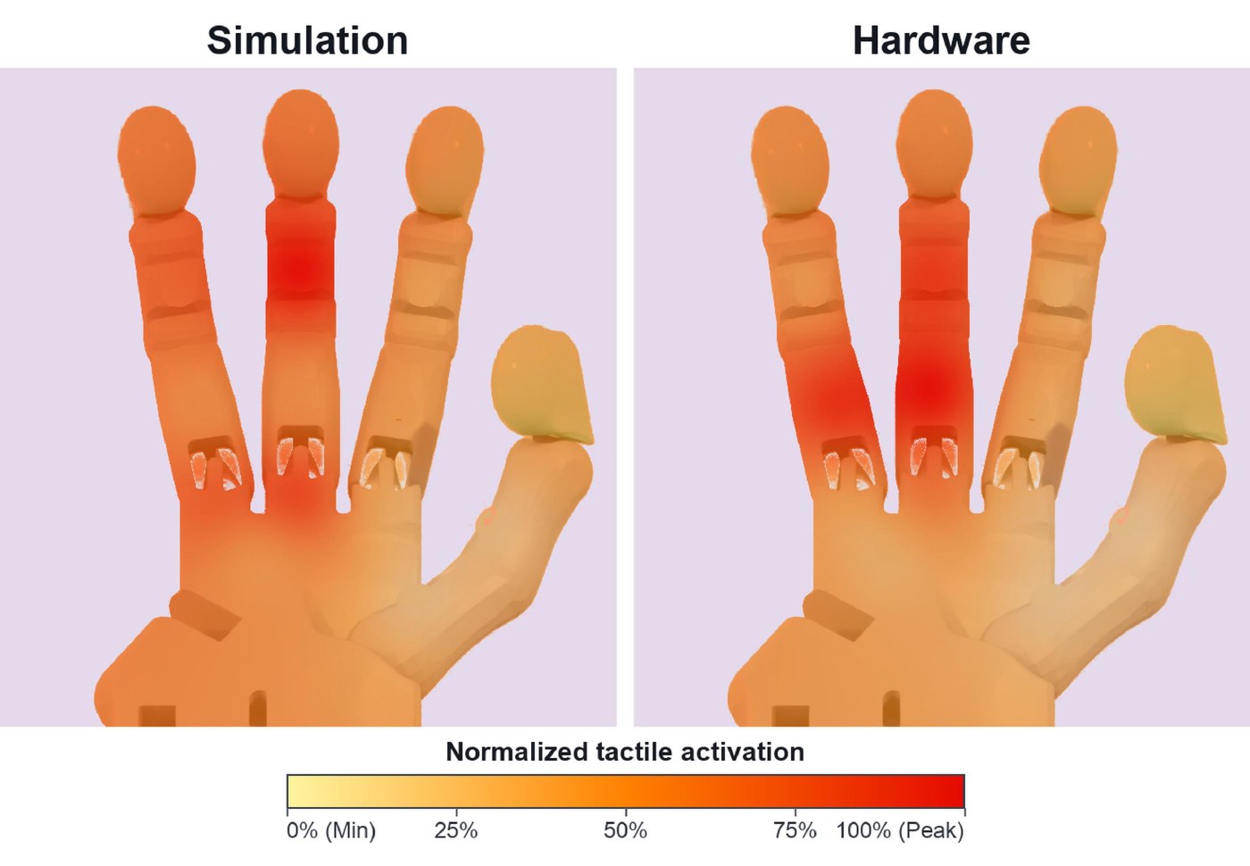 Normalised tactile activation drawn over the hand, in simulation (left) and on hardware (right). On hardware, activation is highest on the proximal and middle phalanges of the middle and ring fingers.